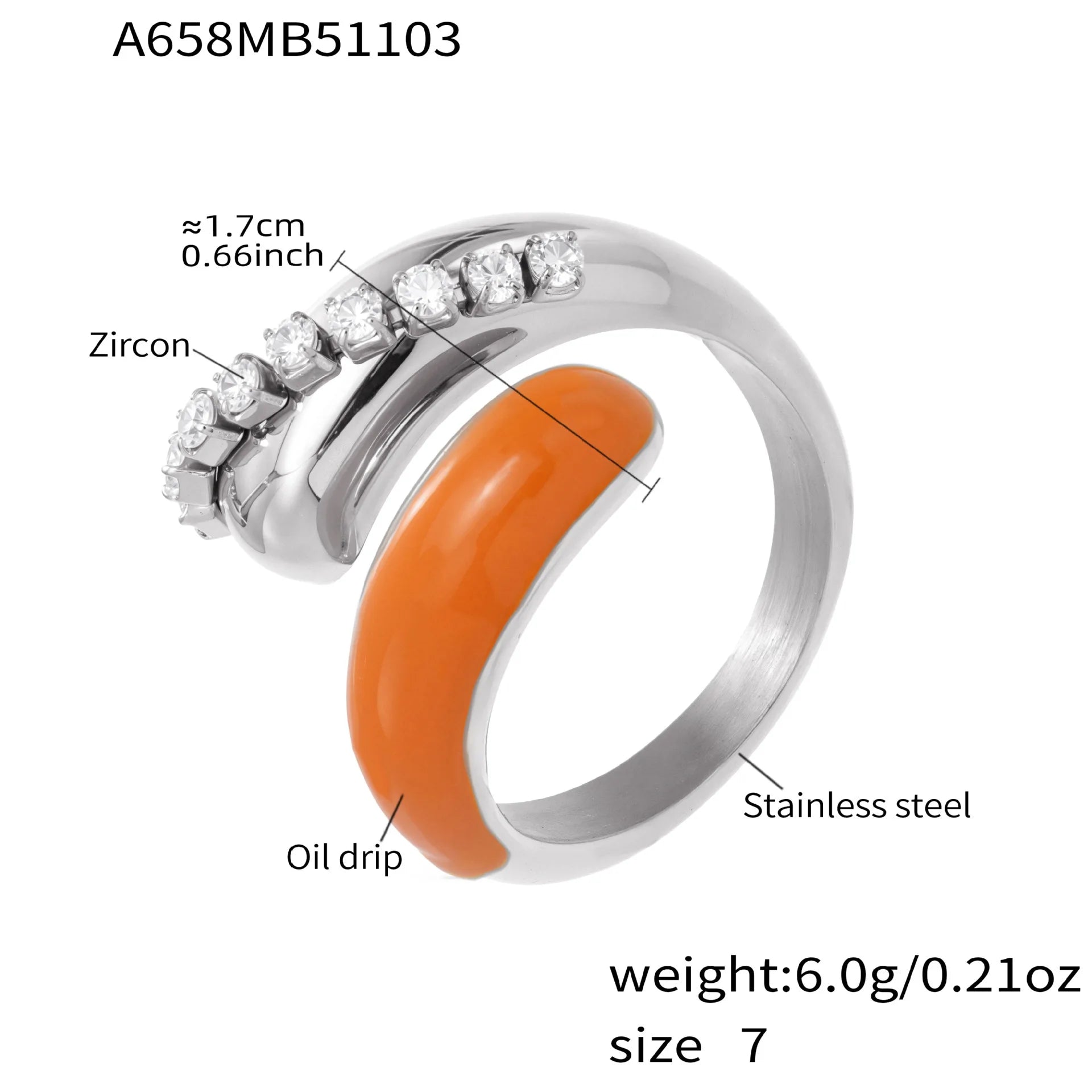 Silver-tone open ring with orange enamel curved insert and clear zircon stones