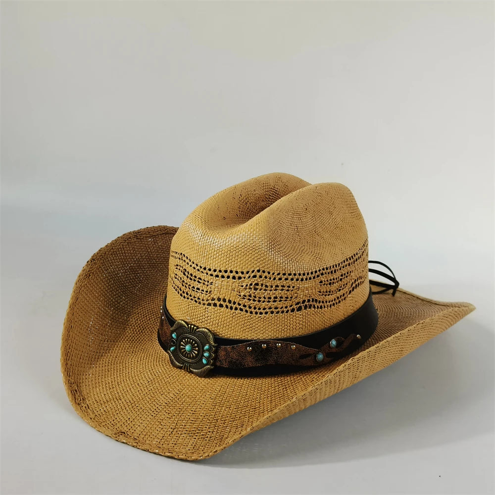 Western Straw Cowboy Hat with Turquoise Bolo Tie