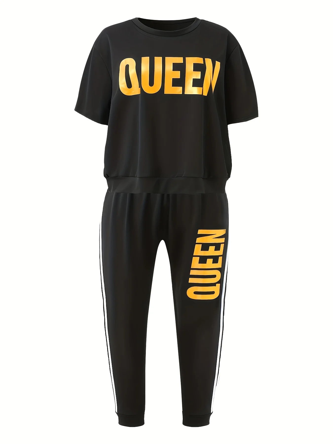 Black T-shirt and jogger set, short-sleeve top with yellow QUEEN print and jogger text.