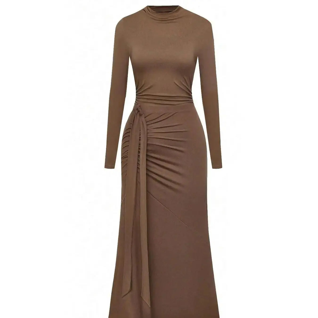 Brown ruched bodysuit with long sleeves and draped maxi skirt, two-piece set