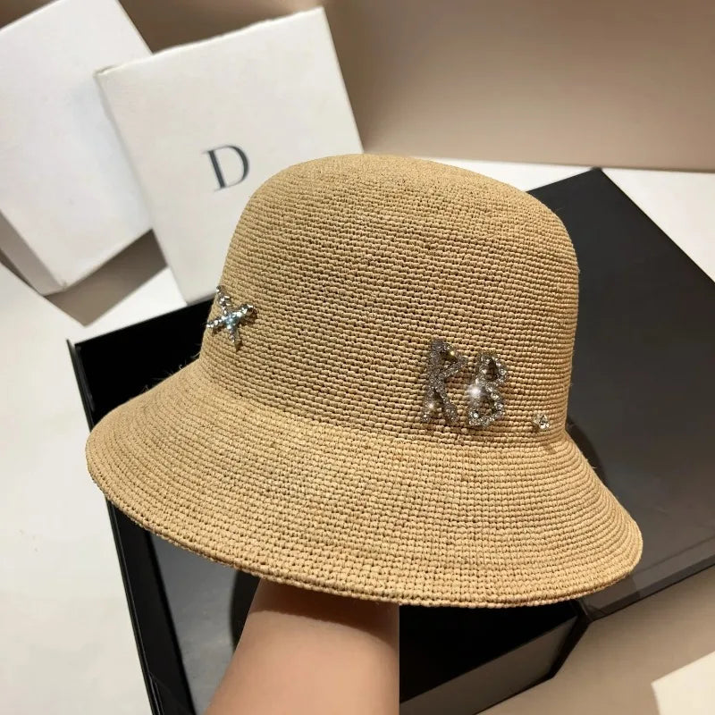 Rhinestone Luxury Raffia Crochet Bucket Hat