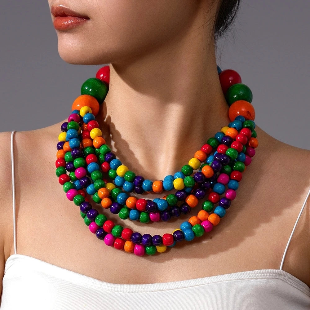 Handmade Multi-Layer Wooden Beaded Necklace | Boho African Ethnic Choker for Women