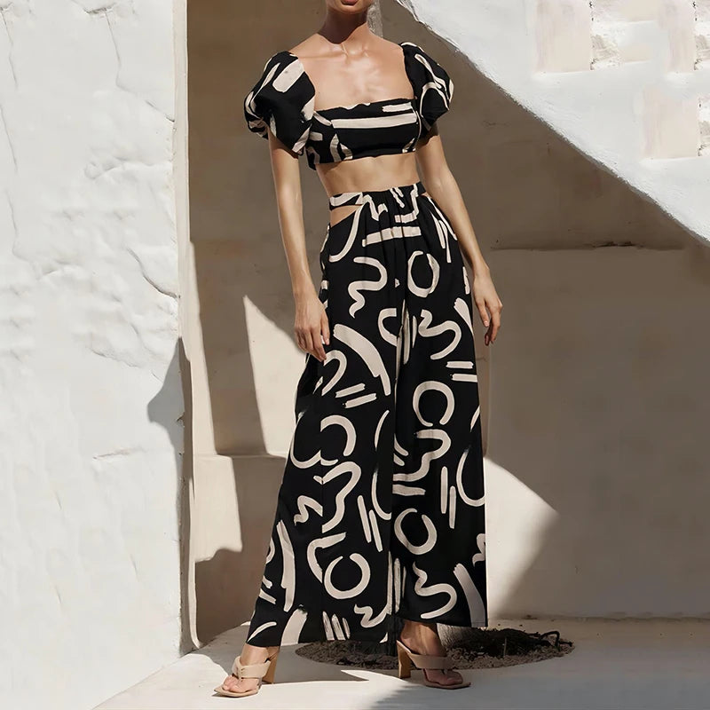 Puff Sleeve Crop Top & Hollow Waist Dress Set