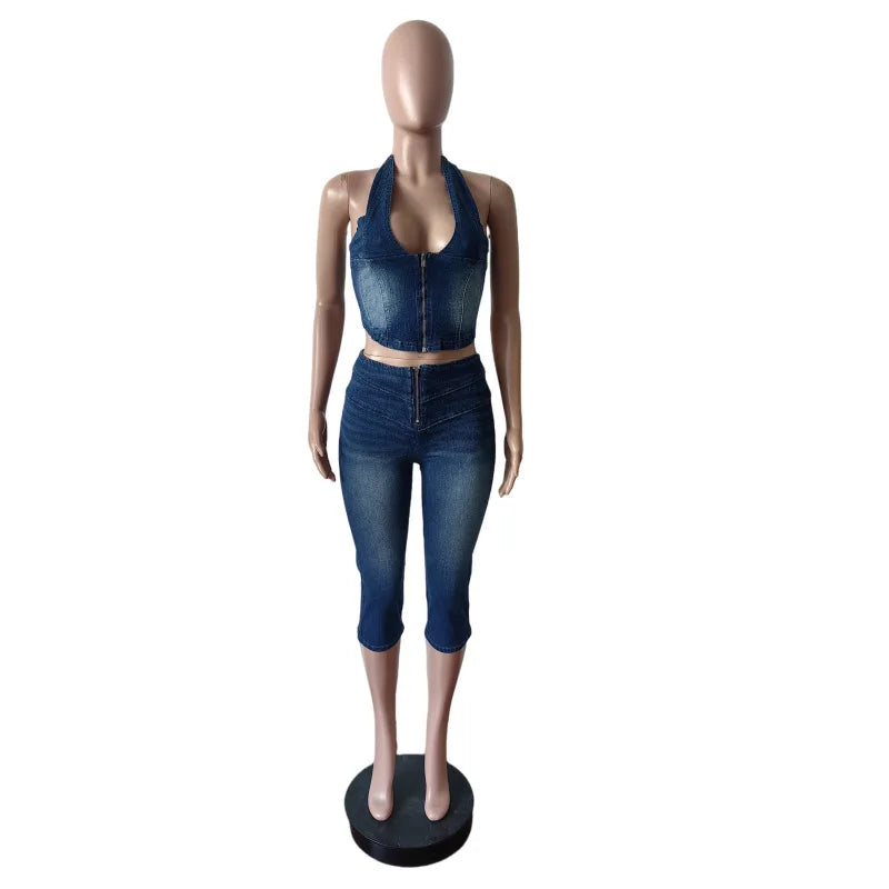 Y2K Denim Halter Crop Top & Jeans 2-Piece Set | Backless Streetwear for Women