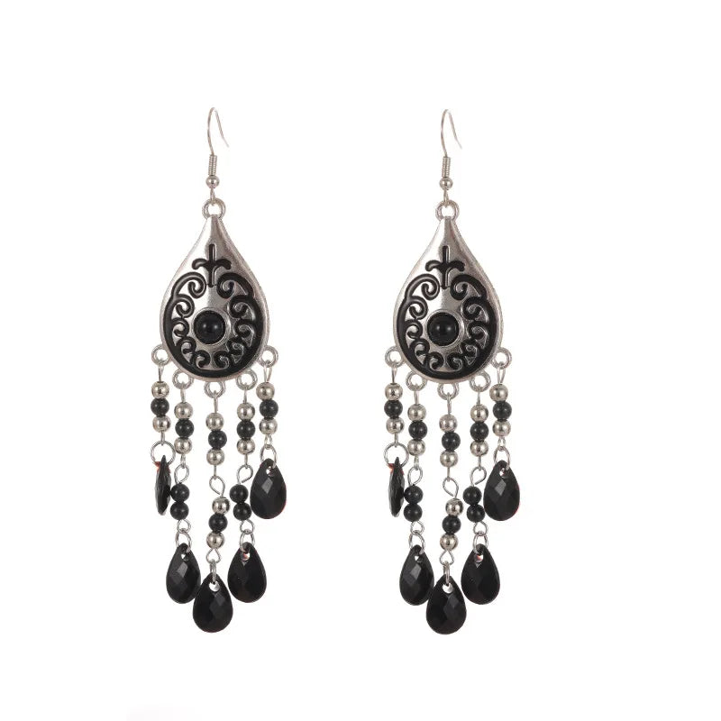 Black bead tassel teardrop dangle earrings with silver hooks and bead fringe