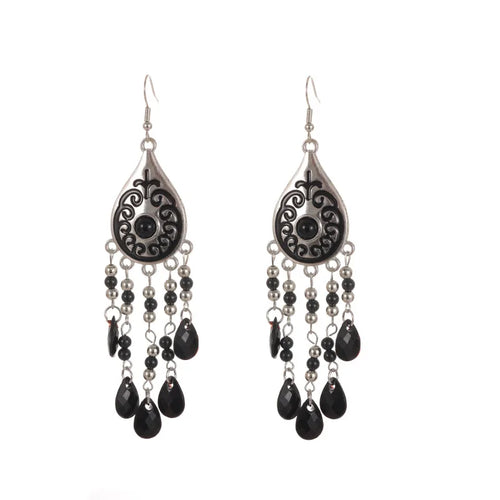 Black bead tassel teardrop dangle earrings with silver hooks and bead fringe