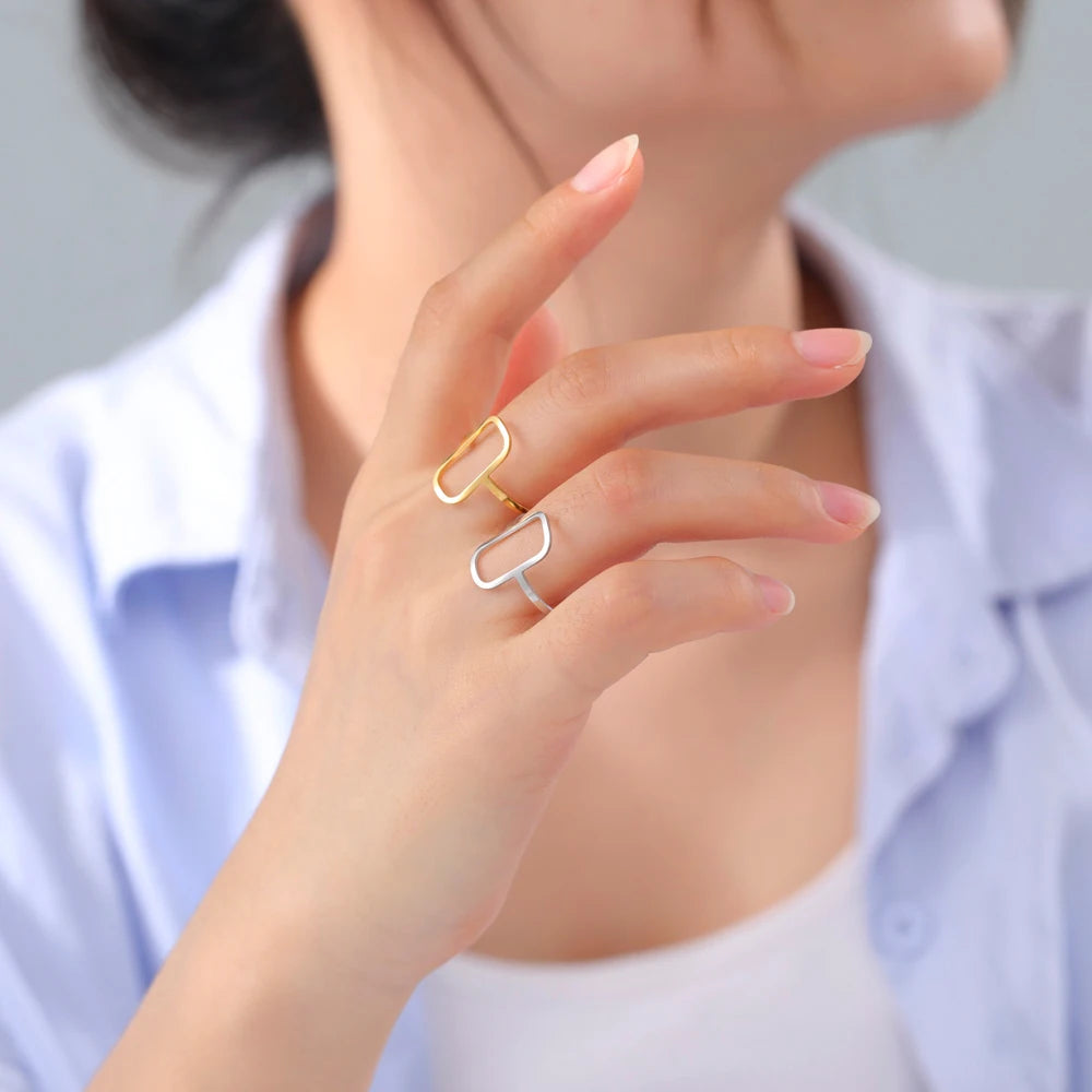 Rectangular Geometric Open Ring | 18K Gold-Plated Adjustable Stainless Steel Ring for Women