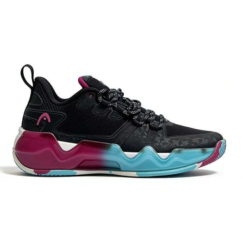 Black mid-top court sneaker with magenta lining and teal sole trim