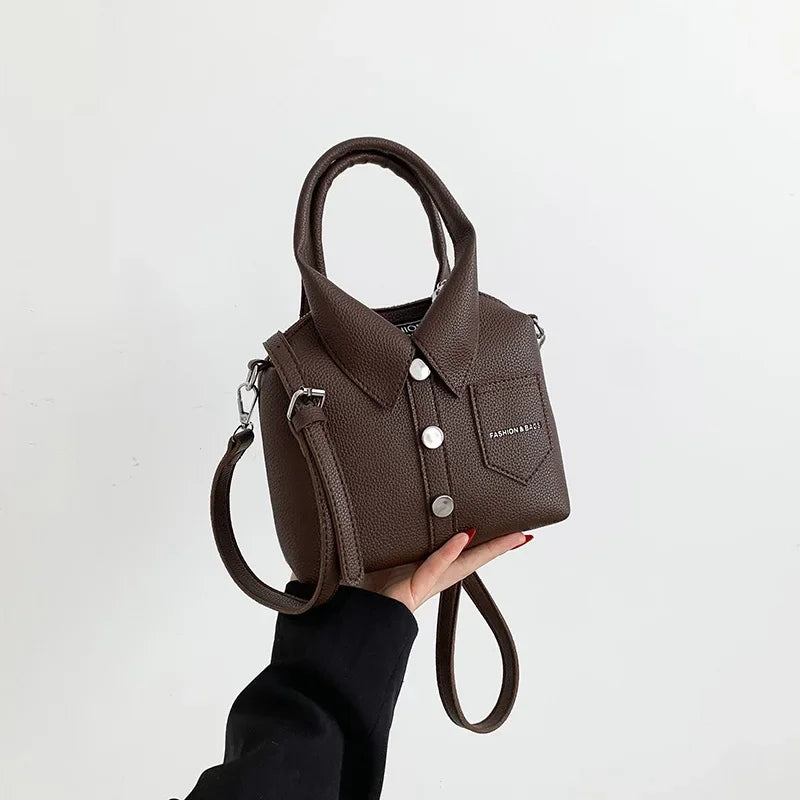 Square PU leather crossbody bag in brown with front flap, snap buttons, and shoulder strap