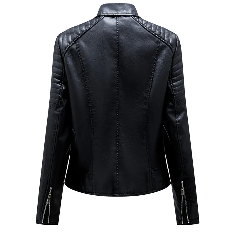 Black faux leather biker jacket back view with stitched panels and zip cuffs