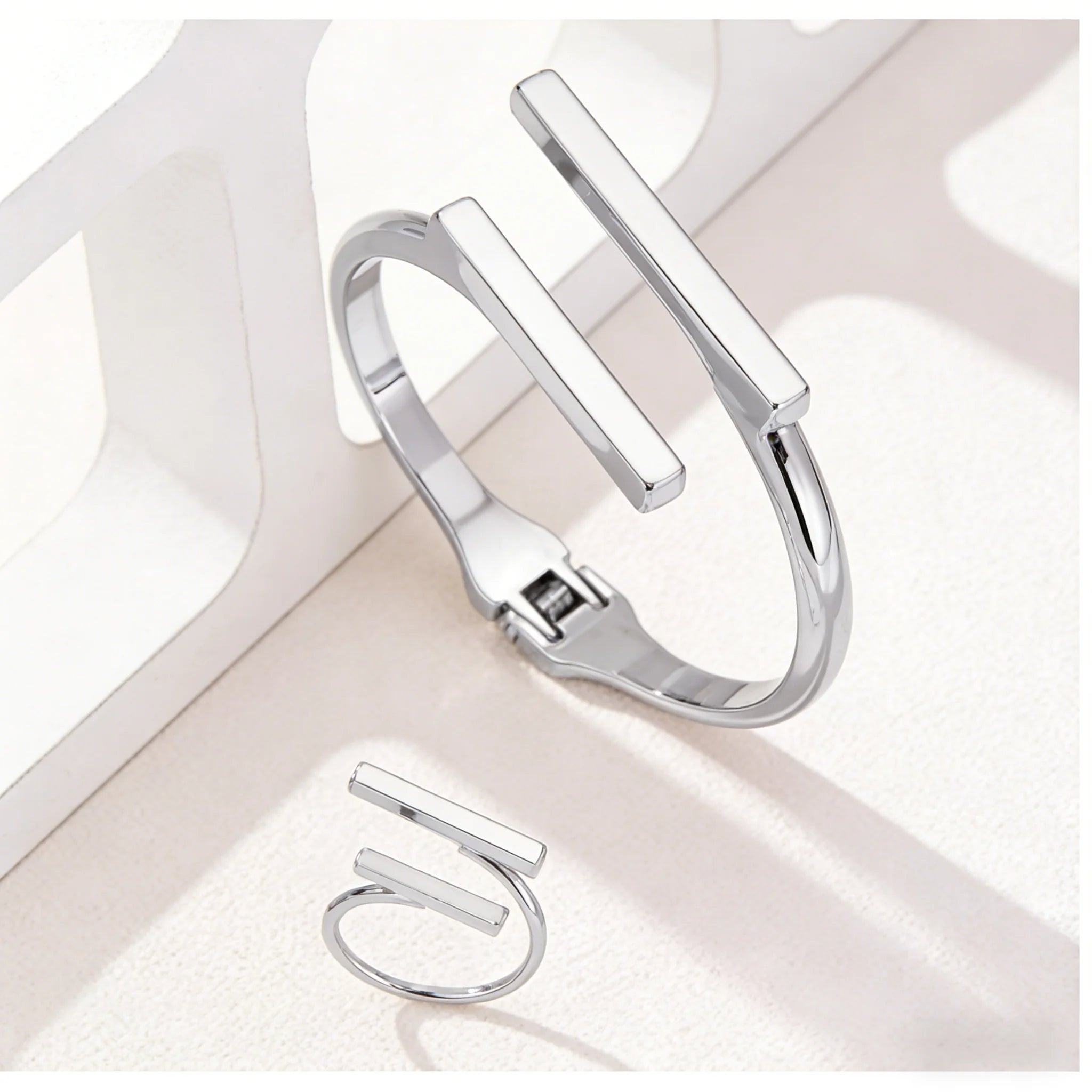 Geometric Open Bracelet & Ring Set | 2pc Stainless Steel Jewelry