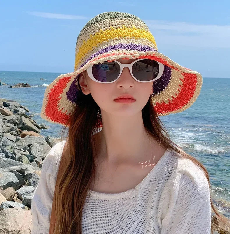 Rainbow Striped Crochet Bucket Hat | Boho Beach Sun Hat