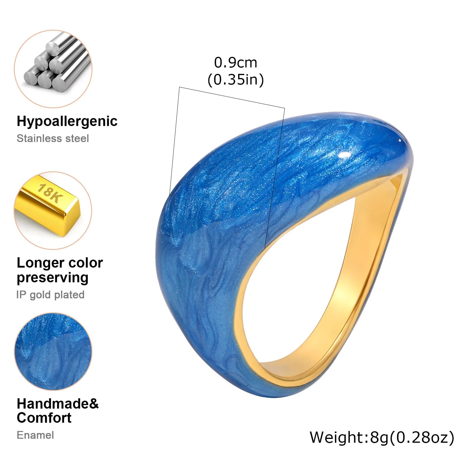 Chunky enamel crossover ring, deep blue marbled enamel with gold-tone inner band