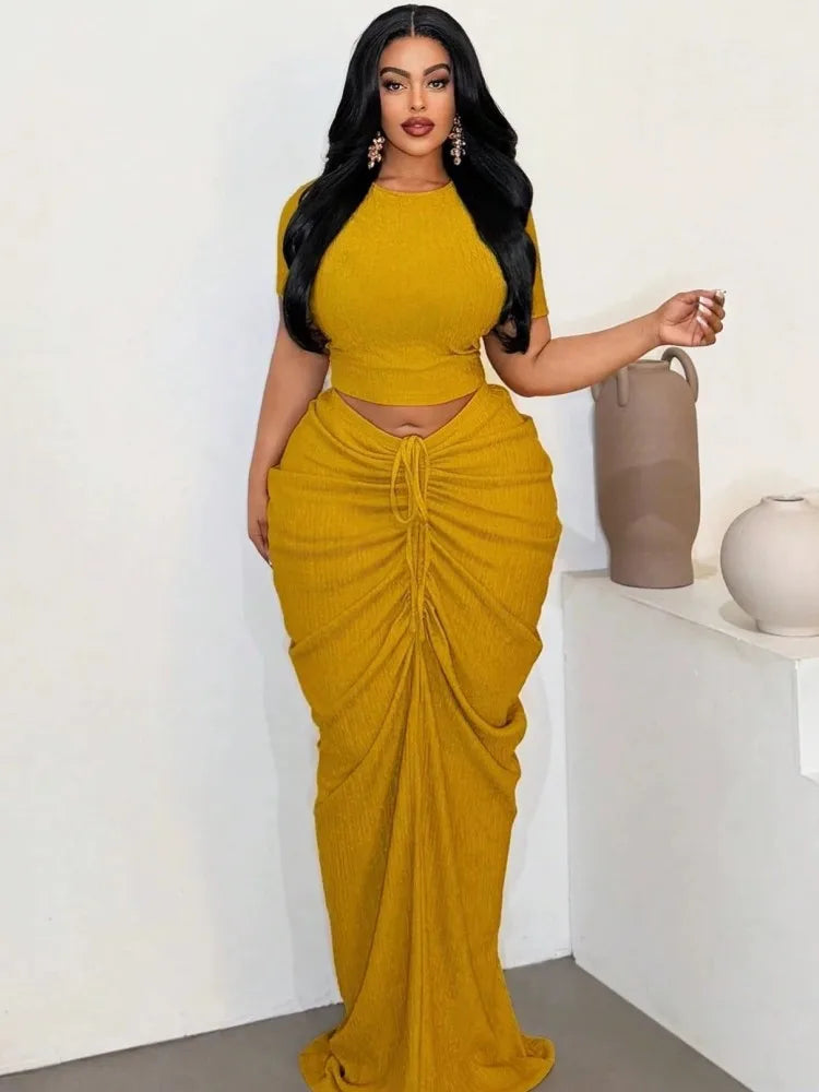 Yellow fitted short-sleeve top and matching ruched skirt 2-piece outfit