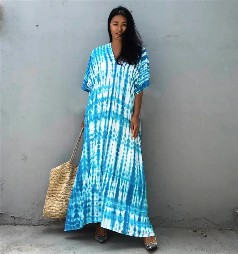 Women’s bohemian beach kaftan dress, bright blue with white tie-dye stripes, V-neck maxi