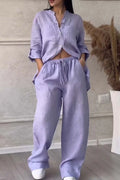Women's linen button shirt & drawstring pants set, lavender, drawstring waist, wide leg.