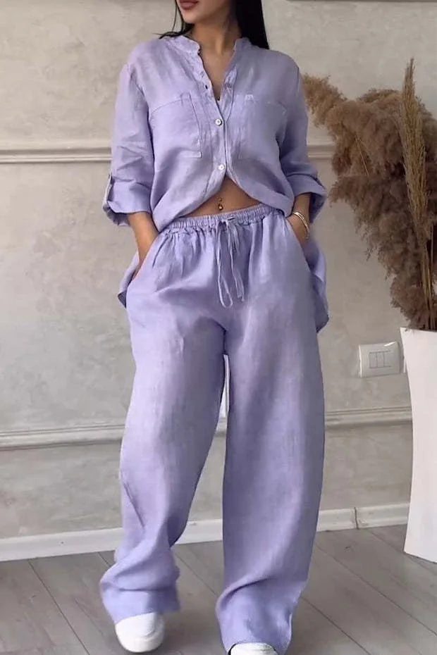 Women's linen button shirt & drawstring pants set, lavender, drawstring waist, wide leg.