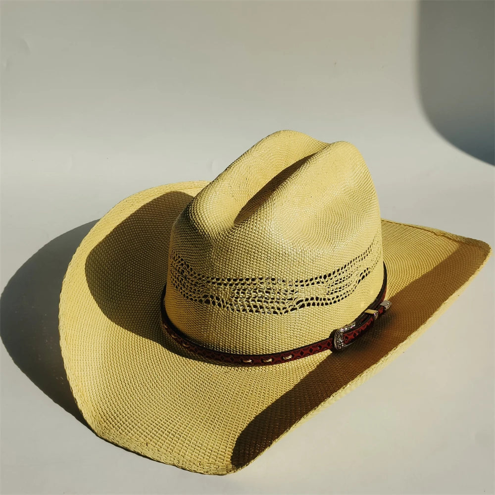 Western Straw Cowboy Hat with Turquoise Bolo Tie