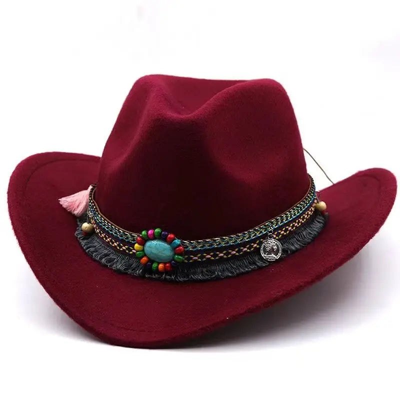 Wool Tassel Belt Western Fedora Hat