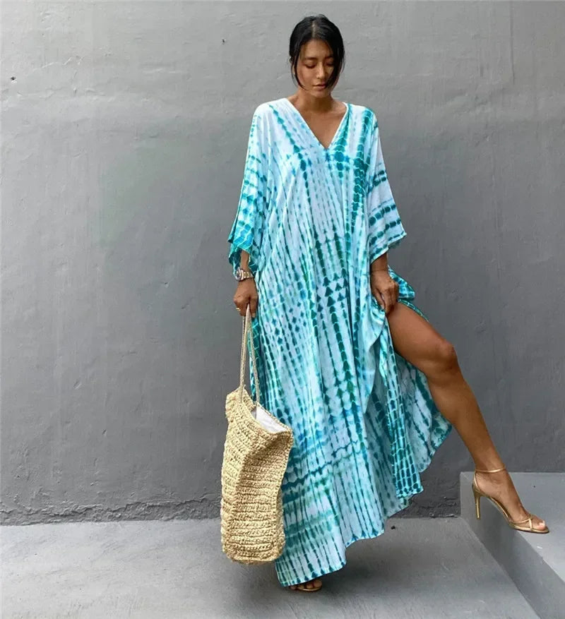 Light blue tie-dye kaftan beach dress with V-neck, loose sleeves and side slit hem