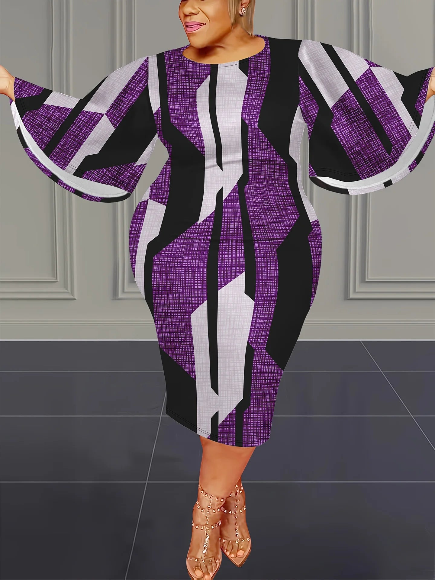 Plus size midi dress, loose fit O-neck, empire waist, purple and white striped print