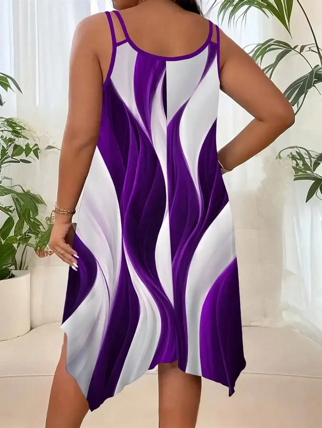 Women’s plus size asymmetrical geometric stripe dress back view, double spaghetti straps, purple
