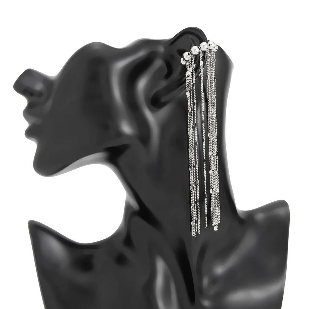 Silver chain tassel ear clips with long layered strands and round top bead accents