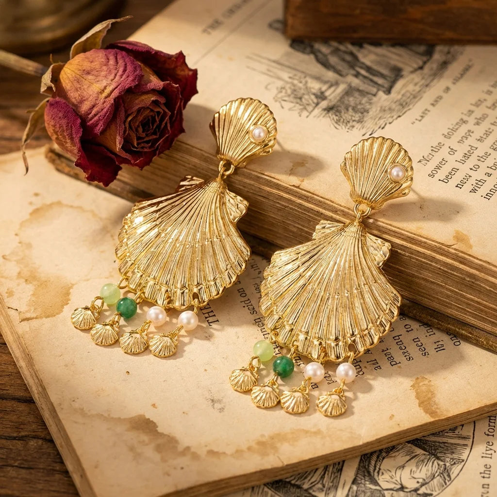 Boho Sea Star & Shell Gold Drop Earrings | Summer Holiday Earrings for Women