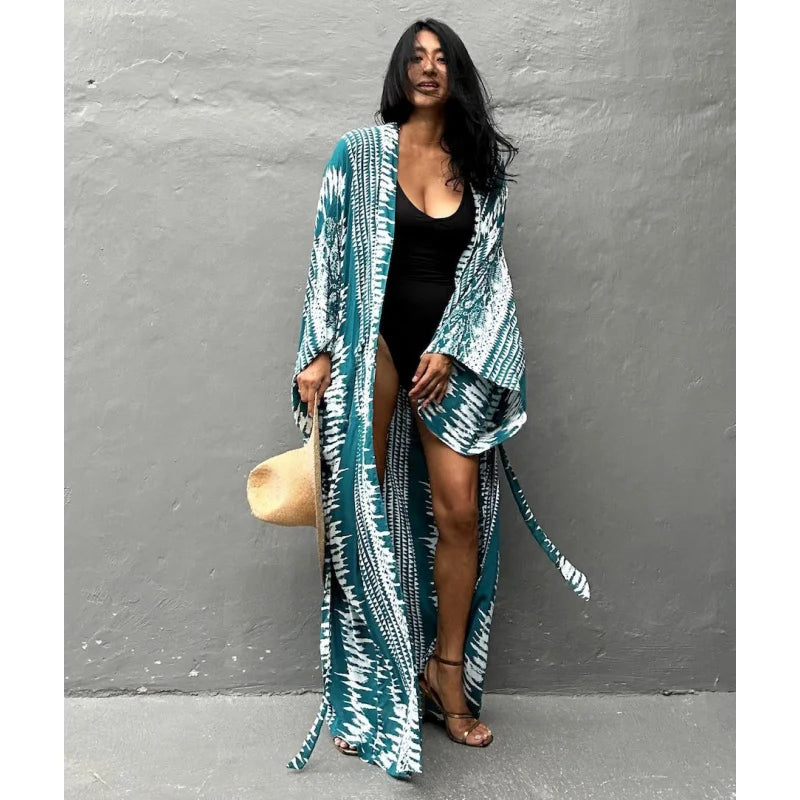 Tie Dye Kimono Wrap Dress | Self-Belted Beach Cover-Up for Women