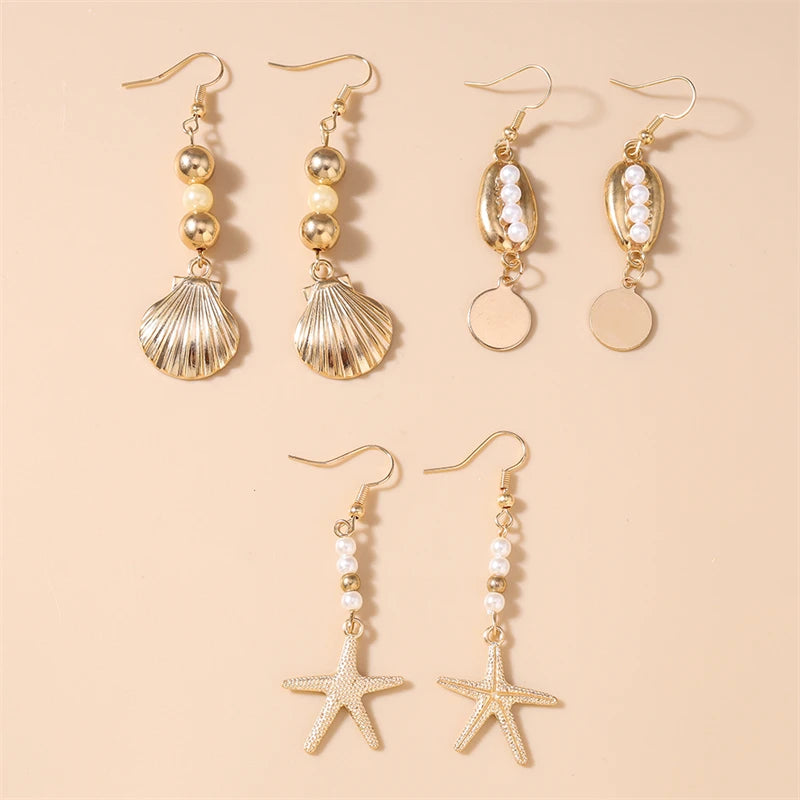 Starfish Shell Drop Earrings Set | 3 Pairs Handmade Beach Jewelry