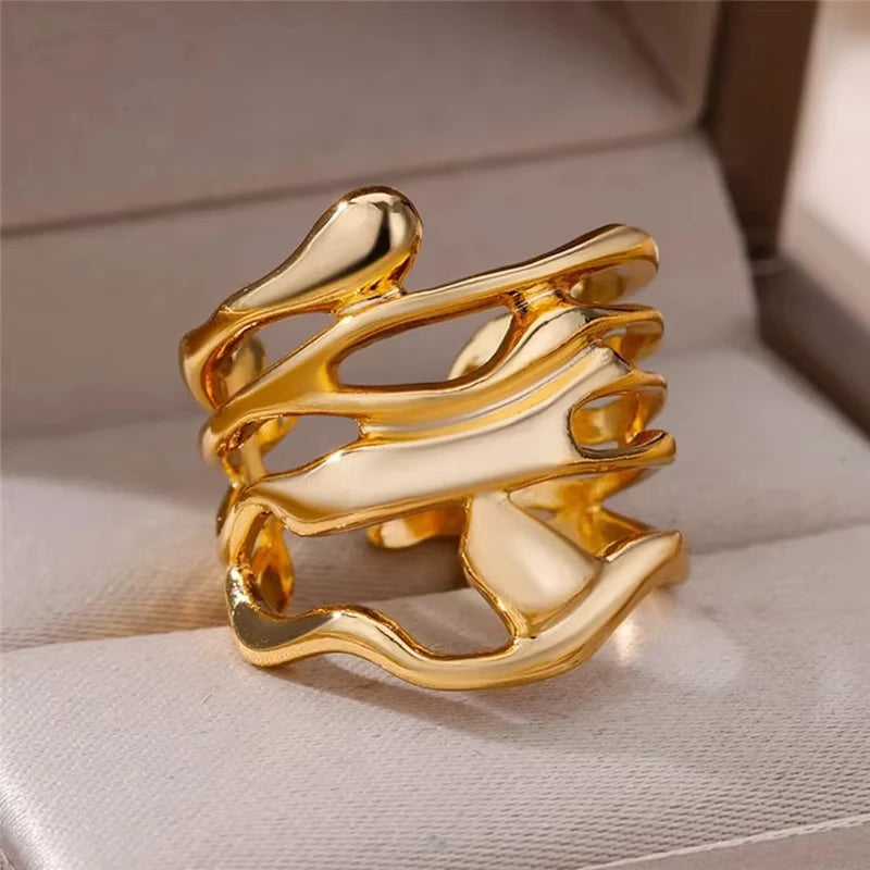 Zircon Geometric Ring Collection | 18K Gold-Plated Adjustable Stainless Steel Rings for Women