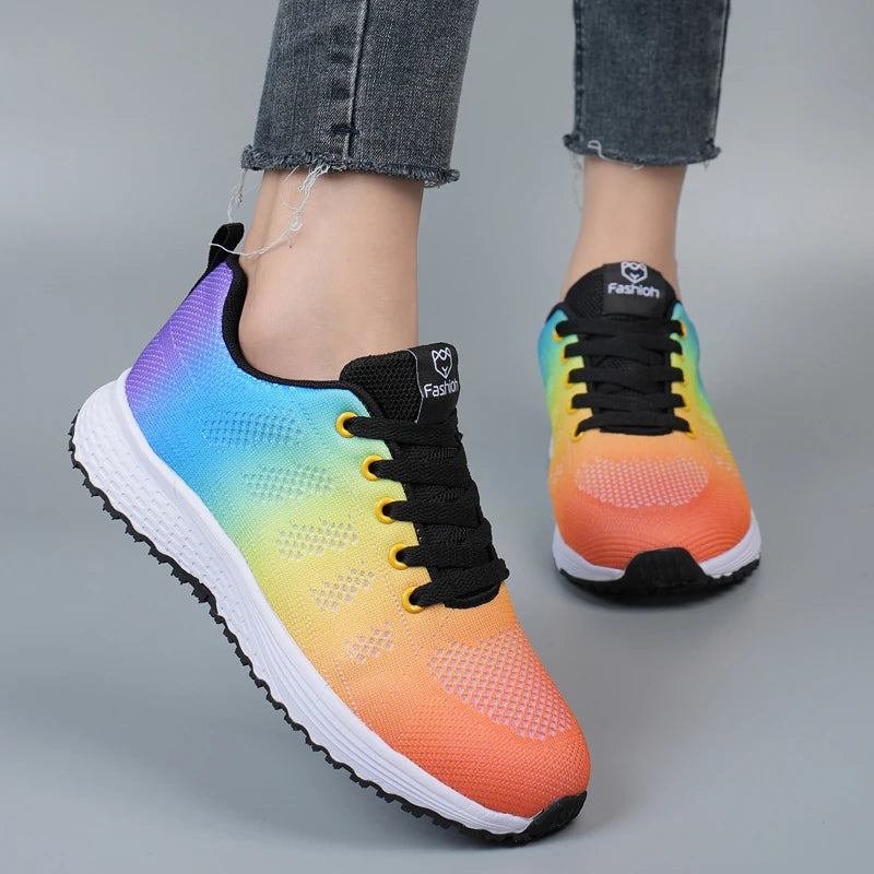 Gradient blue-to-orange mesh lace-up platform sneakers with black laces and white sole