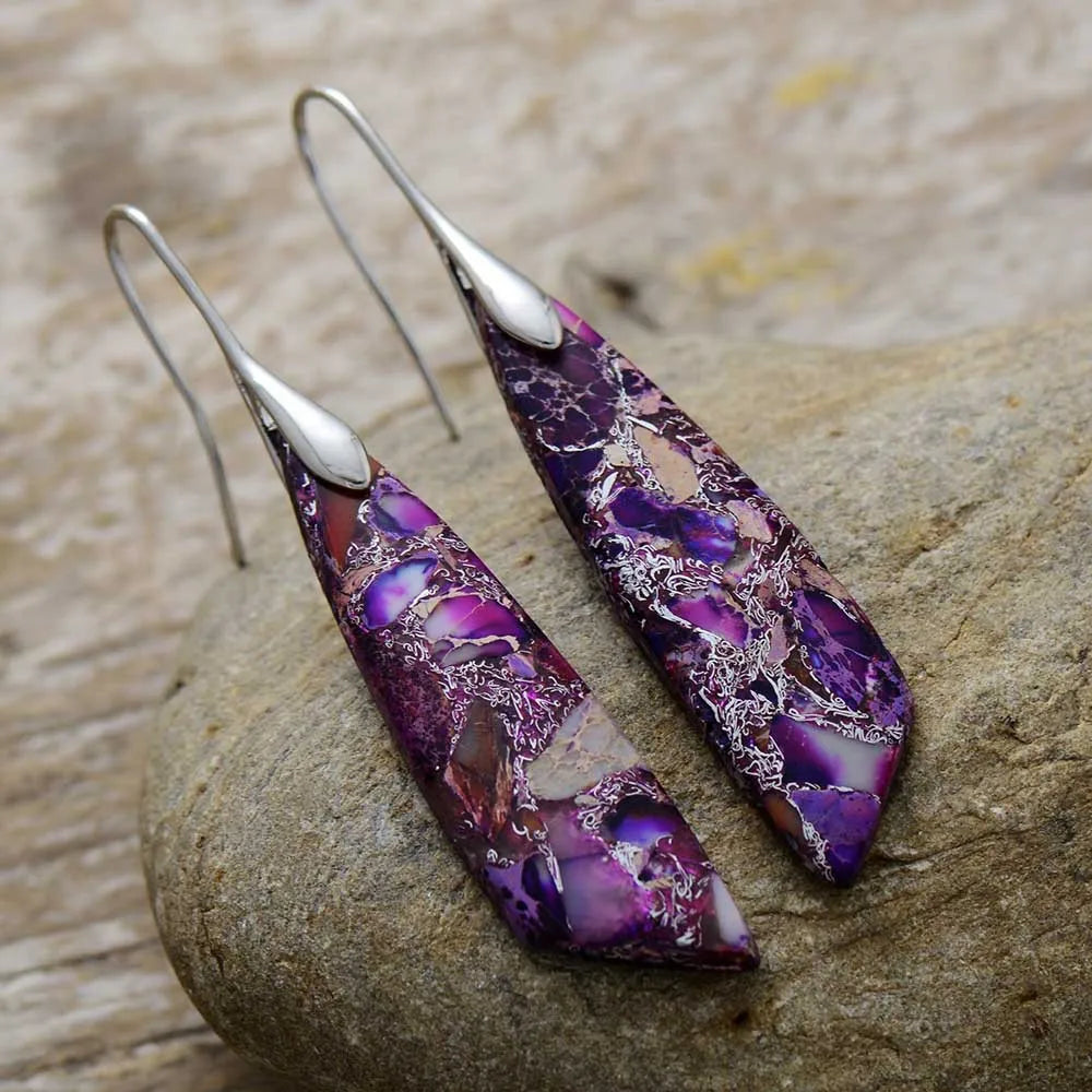 Silver-tone natural stone drop earrings with purple and violet marbled teardrop panels