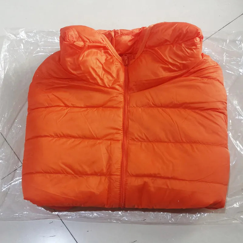 Orange puffer jacket with full-zip front and quilted horizontal baffles