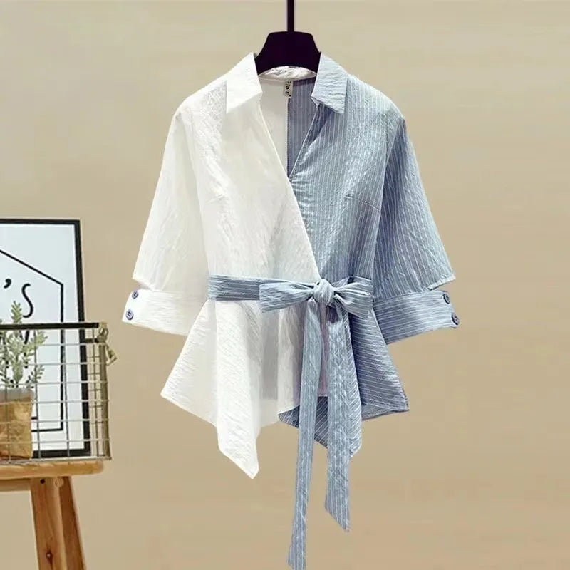 Lace-Up V-Neck Shirt & Wide Leg Denim Trousers Set | Elegant 2-Piece for Women