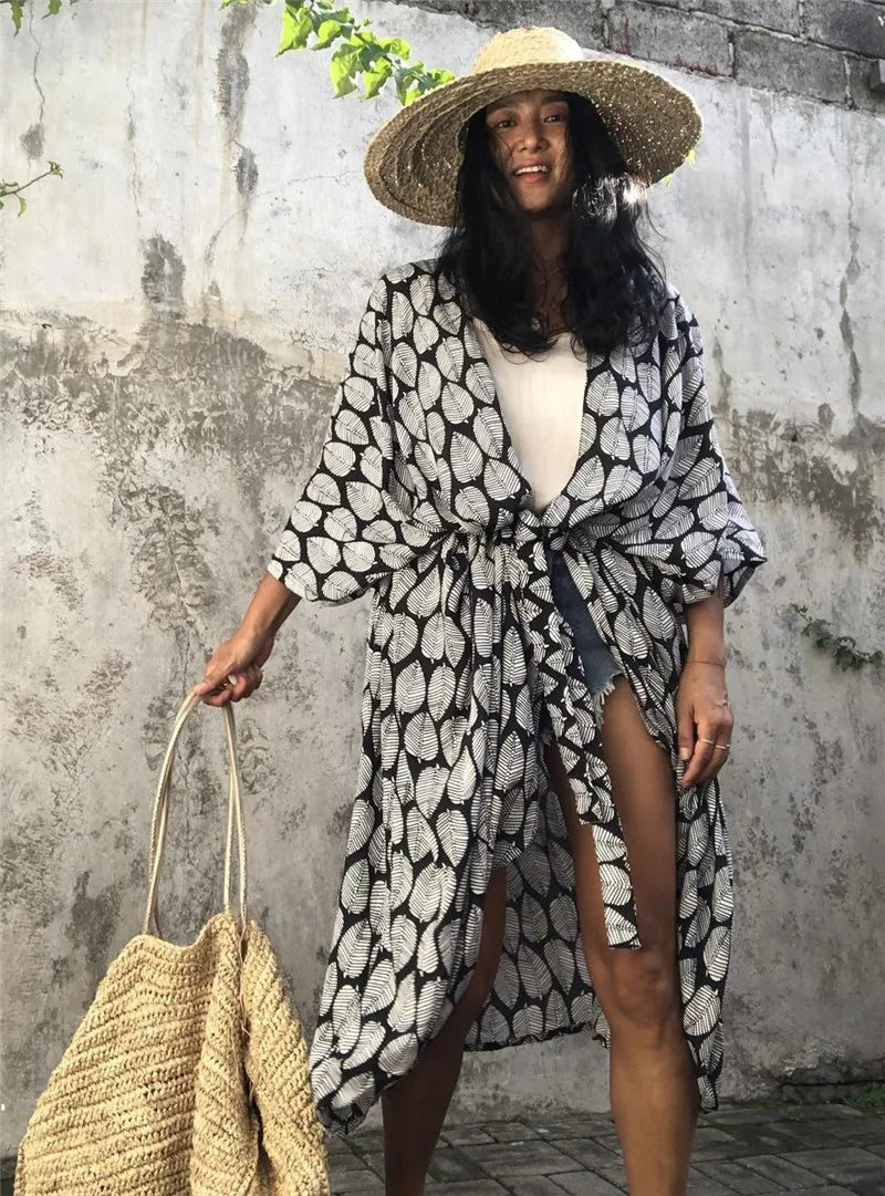 Black and white patterned kimono beach cover-up with open front and waist tie