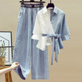 Lace-Up V-Neck Shirt & Wide Leg Denim Trousers Set | Elegant 2-Piece for Women