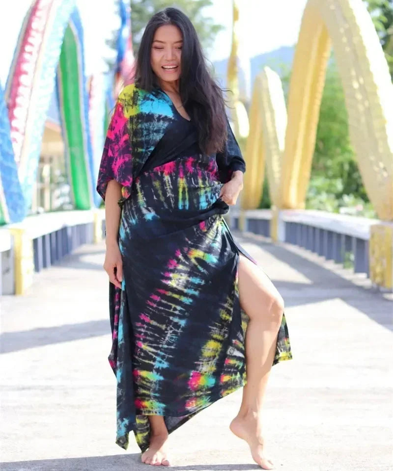 Women’s boho striped beach kaftan in dark tie-dye with multicolor patches; V-neck maxi.
