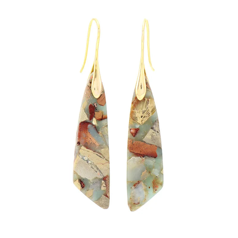Gold-tone natural stone drop earrings with cream, blue, and rust mosaic teardrop panels
