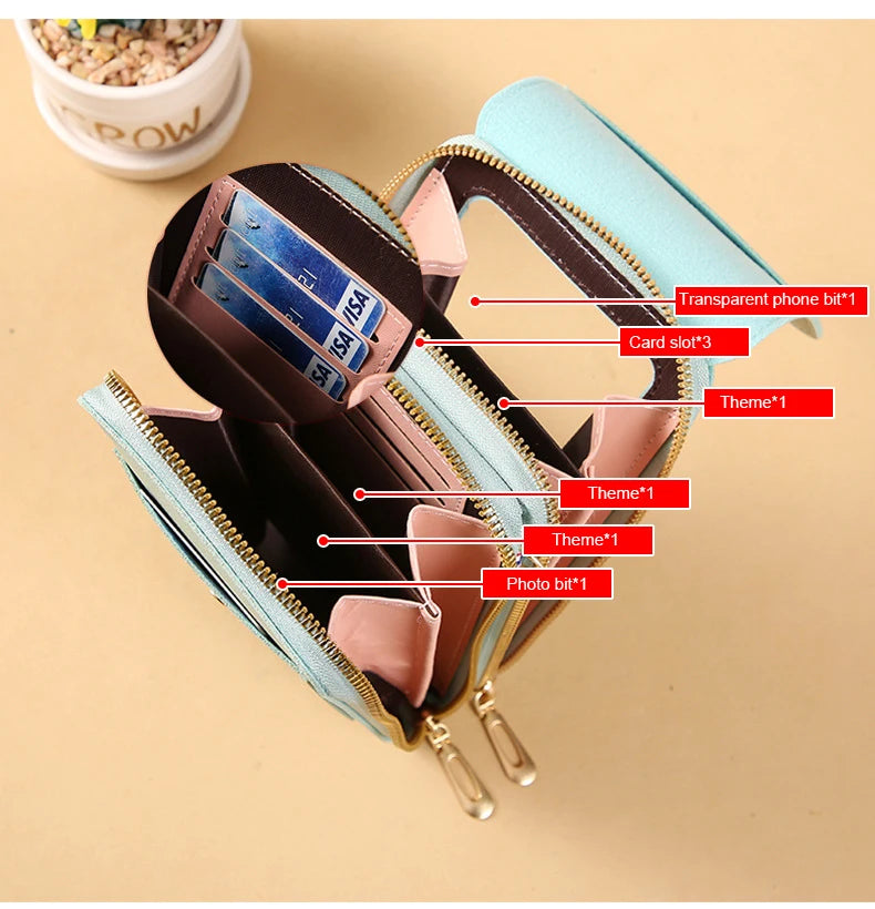 Light blue PU phone crossbody wallet with transparent phone front and card slots.