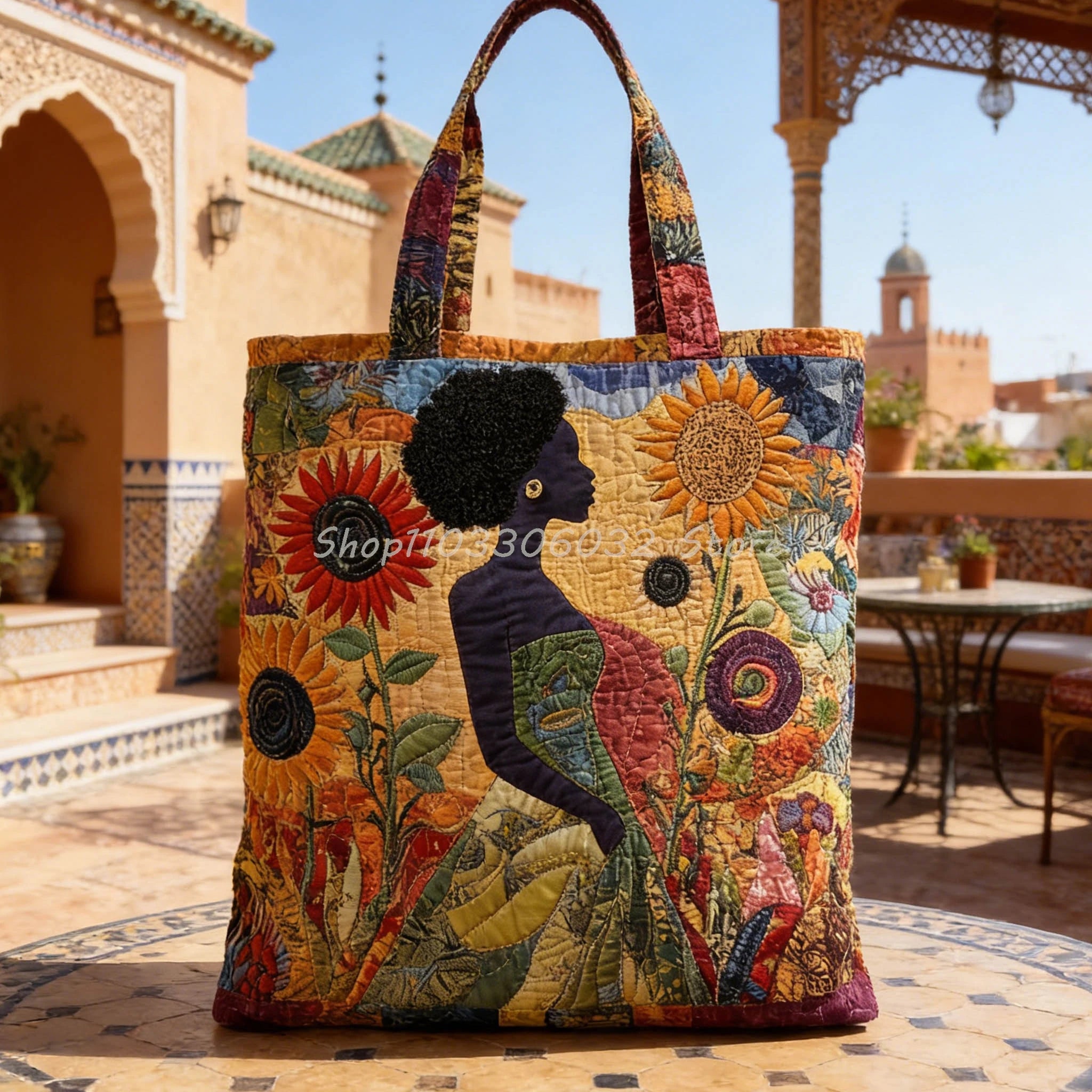 African American Floral Print Quilted Tote | Outdoor Weekender Travel Bag