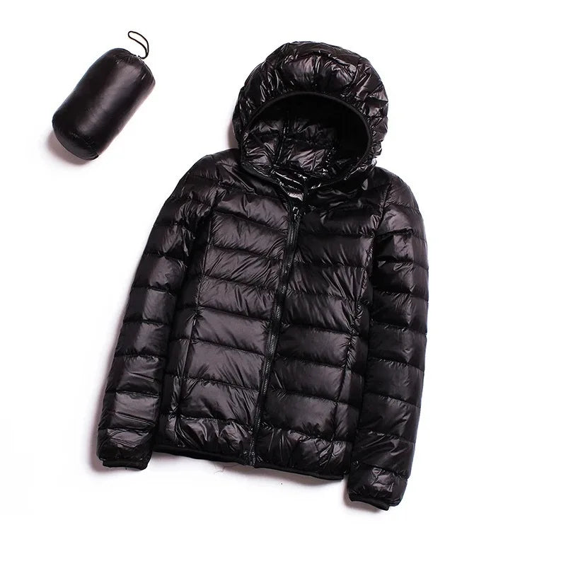 Women’s short puffer jacket, black, zip-front with attached hood