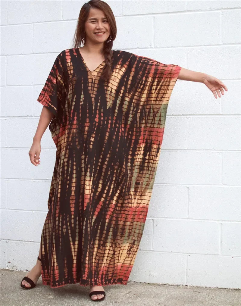 Women's beach kaftan tunic dress in rust, tan, and dark brown striped tie-dye, short sleeves
