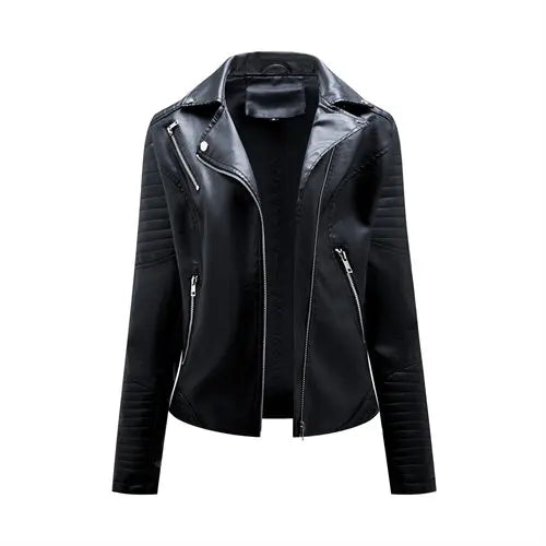 Black faux leather biker jacket with v-neck, front zip, and zip pocket details