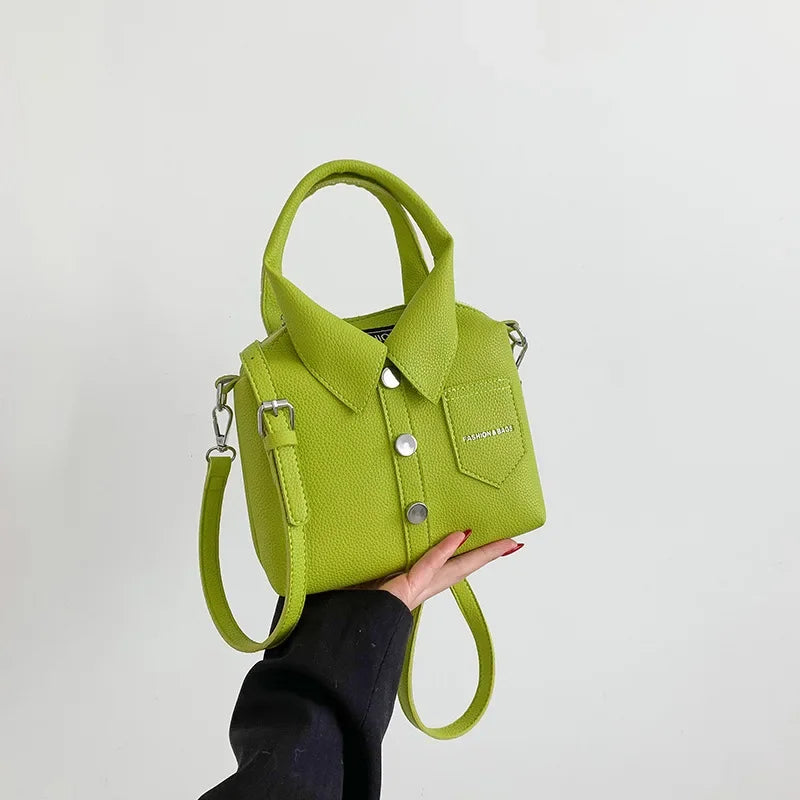 Lime green square PU leather crossbody bag with top handle, chain strap, front snap pocket