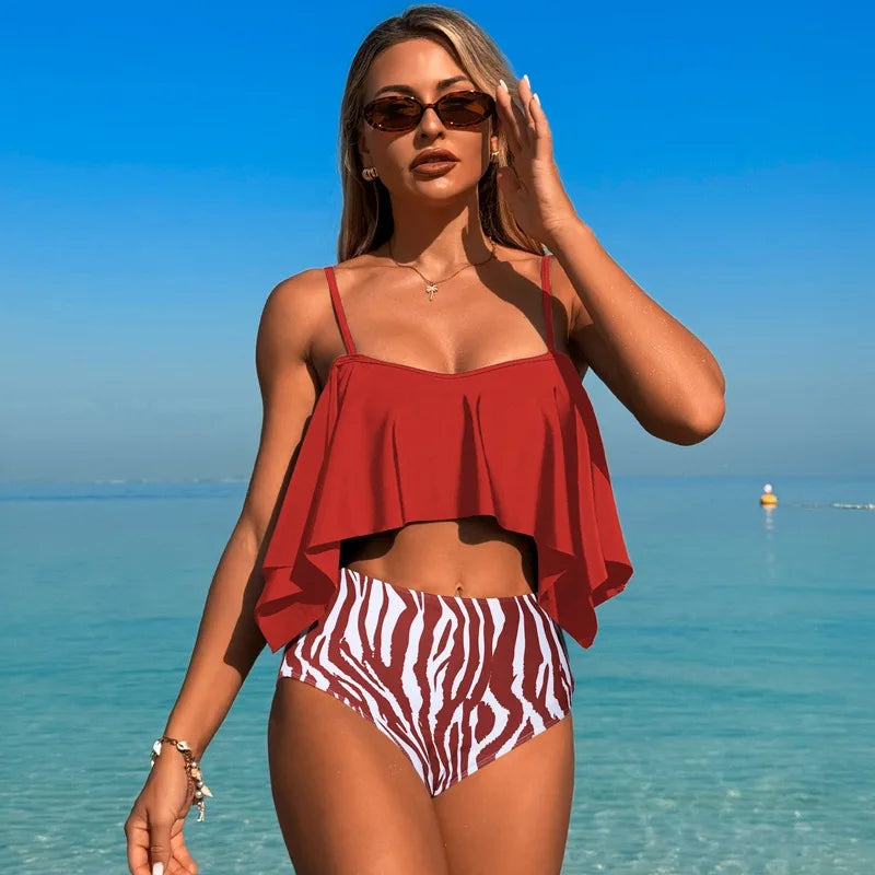 Women's Black Leaf Print Tankini Set | Ruffle High-Waist Two-Piece Swimsuit with Skirt | S–XL
