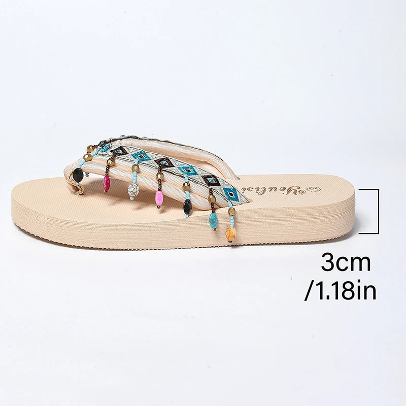Colorful Beaded Clip Toe Sandals Women 2026 Summer Beach Tassel Flip Flops Woman Non Slip Plus Size EVA Platform Slippers Shoes