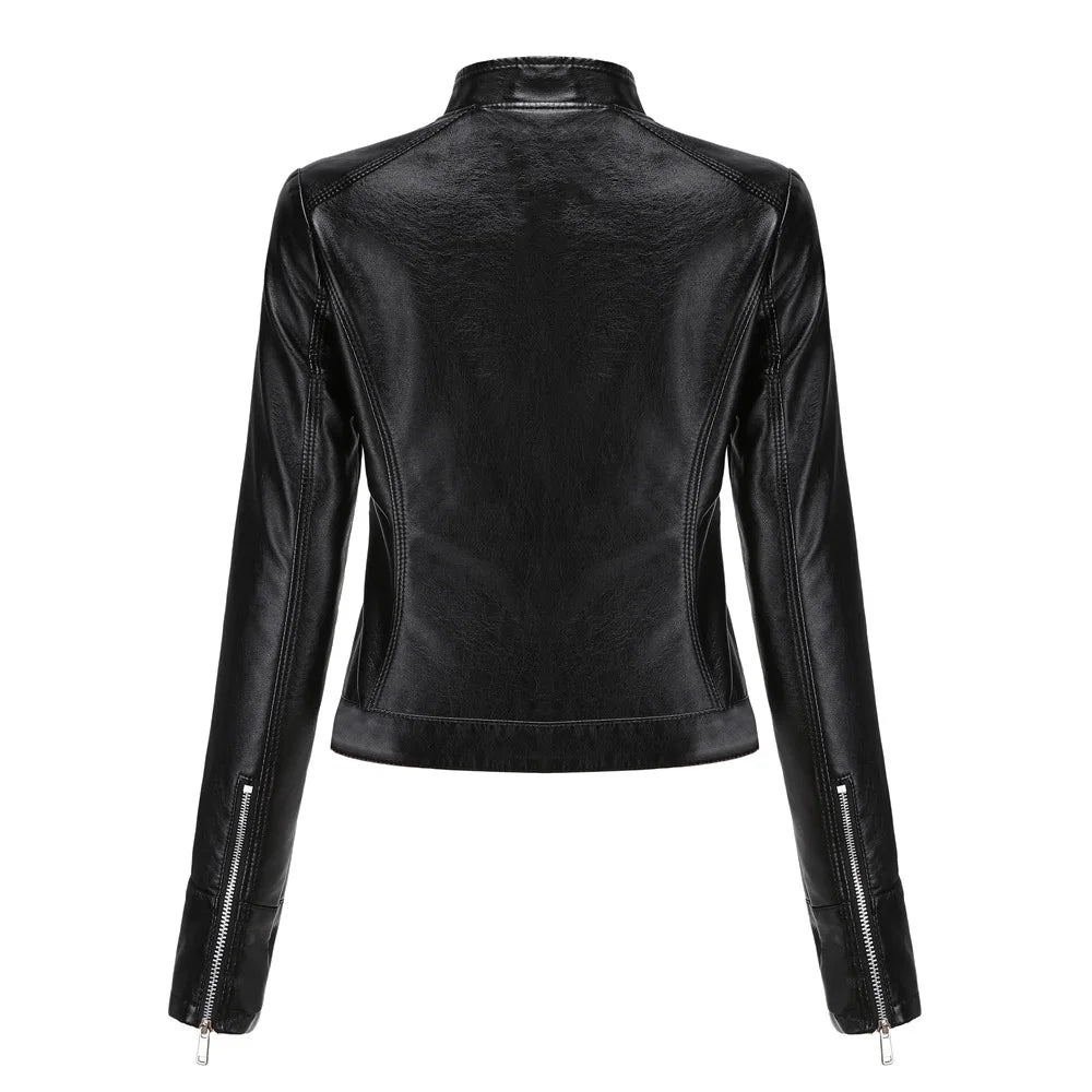 Black faux leather moto jacket back view with stand collar and zippered cuffs