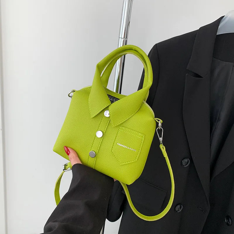 Green square PU leather crossbody bag with top handle, chain strap, front snap pocket