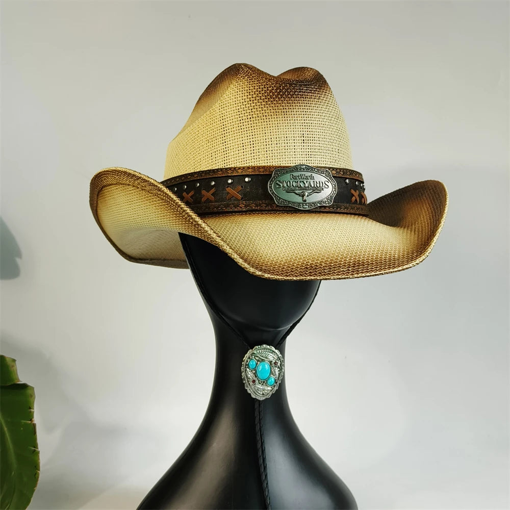 Western Straw Cowboy Hat with Turquoise Bolo Tie